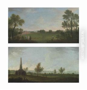 A View Of Stillorgan Park And The Obelisk, Dublin Bay And The Harbour Beyond; A View Of Stillorgan House, Co. Dublin, With Elegant Figures And Dublin Bay Beyond (pair) by Gabriele Ricciardelli