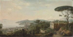 A View Of Posillipo, Naples (from Vomero, With Figures Resting In The Foreground And Capri In The Distance) by Gabriele Ricciardelli