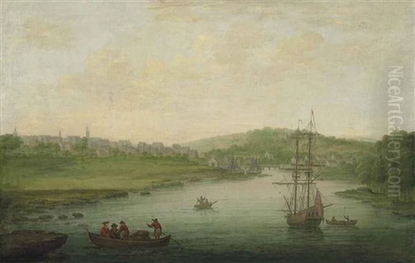 A View Of A Riverside Town, Possibly Ballyshannon On The River Erne, Ireland, With A Man-of-war And Figures In A Rowing Boat In The Foreground - view 1