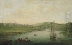 A View Of A Riverside Town, Possibly Ballyshannon On The River Erne, Ireland, With A Man-of-war And Figures In A Rowing Boat In The Foreground