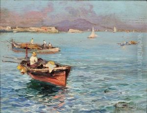 Italian Coastal View With Fishing Boats by Oscar Ricciardi