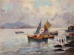 Fischerboote Vor Der Bucht Von Neapel Mit Vesuv by Oscar Ricciardi