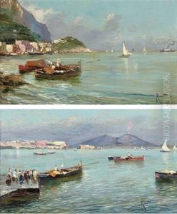 Bay Of Naples, Vesuvius Beyond (+ Fishermen Bringing In The Catch; Pair) by Oscar Ricciardi
