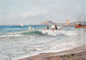 Figures Paddling On A Beach With Fishing Boats Beyond