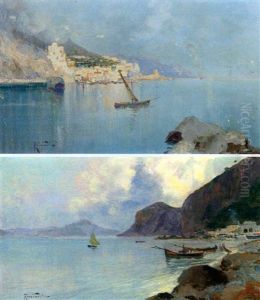 Fishing Boats In The Bay Of Naples (+ A Fishing Boat Near A Neapolitan Port; 2 Works) by Oscar Ricciardi