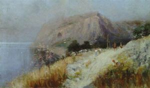 Villagers On A Mountain Path By The Sea by Oscar Ricciardi