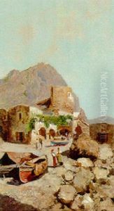 Figures On A Quay With A Villa Beyond