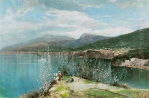 Village On An Italian Bay With Figures On An Outcrop by Oscar Ricciardi