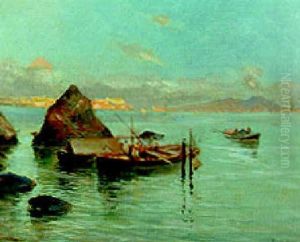 Fishing Boats In The Bay Of Naples With Vesuvius Beyond by Oscar Ricciardi