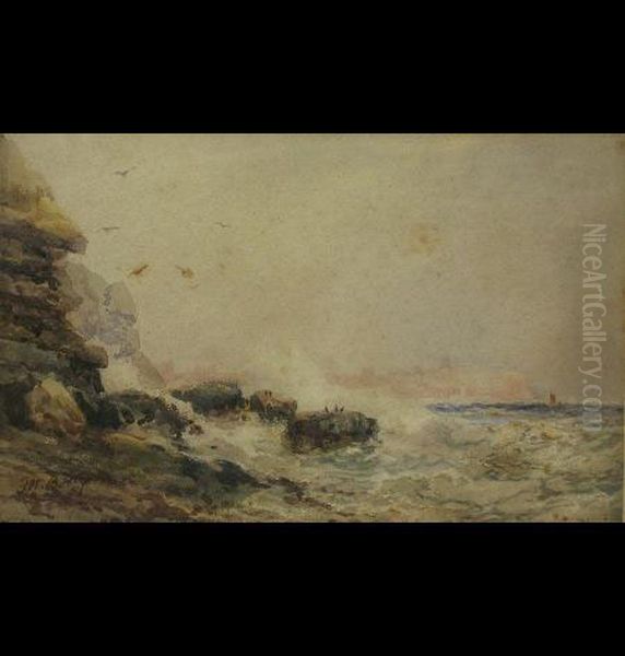 Scarborough, 
Rocky Coastal Scene With Rough Sea And Headland In The Distance - view 1