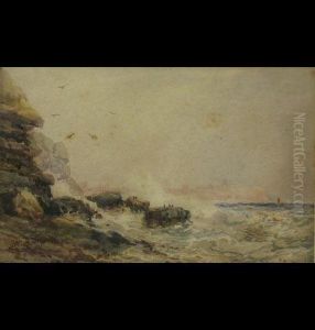 Scarborough,
Rocky Coastal Scene With Rough Sea And Headland In The Distance by Frederick William Booty