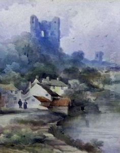 Riverside Village With Ruins Beyond by Frederick William Booty