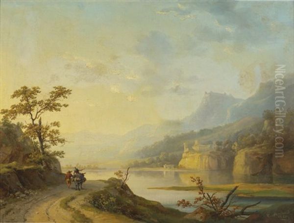 Paysage A La Riviere Avec Un Couple De Villageois En Chemin - view 1