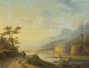 Paysage A La Riviere Avec Un Couple De Villageois En Chemin by Alexandre Louis Marie Theodore Richard