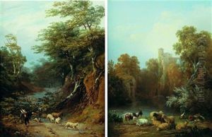 Paysan Et Son Troupeau Dans Un Chemin En Foret (+ Berger Et Son Troupeau Se Reposant Pres D'un Lac; Pair) by Alexandre Louis Marie Theodore Richard