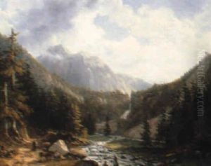 Ladies Sketching By The Waterfall At Cerizet by Alexandre Louis Marie Theodore Richard