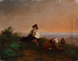 Schafer Mit Seiner Herde In Der Abenddammerung by Ernst Heinrich Richard
