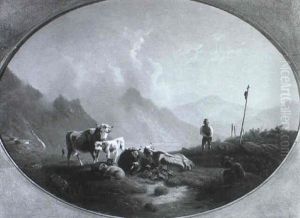 An Einem Idyllisch Gelegenen Gebirgssee Weiden Kuhe Und     Schafe by Ernst Heinrich Richard