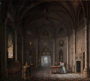 Interieur D'un Palais Royal Gothique Avec Une Mere Enseignant A Sa Fille
