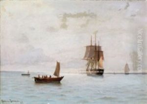 A Seascape With Two Frigates And Two Sailboats by Ludvig Otto Richarde