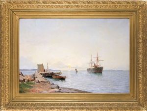 Einlaufender Segeldampfer Vor Sonnenuntergang by Ludvig Otto Richarde