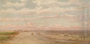 On The Beach, A City And Pier In The Distance