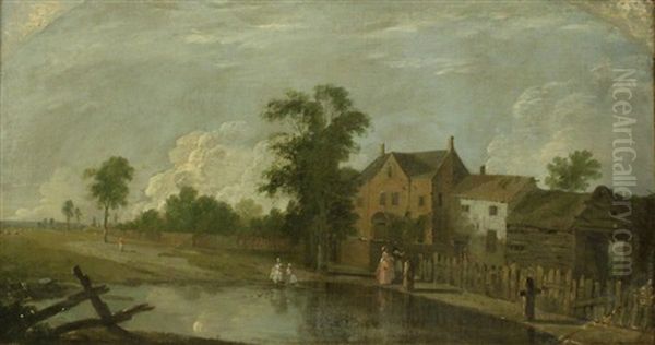 Farm Buildings With Figures By A Pond - view 1