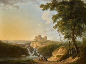 An Extensive Landscape With A View Of Chepstow Castle On A Hill Beyond by John Inigo Richards