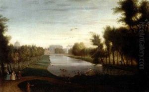 Figures Walking Beside A Lake, Possibly Rosamond's Pond In St James's Park