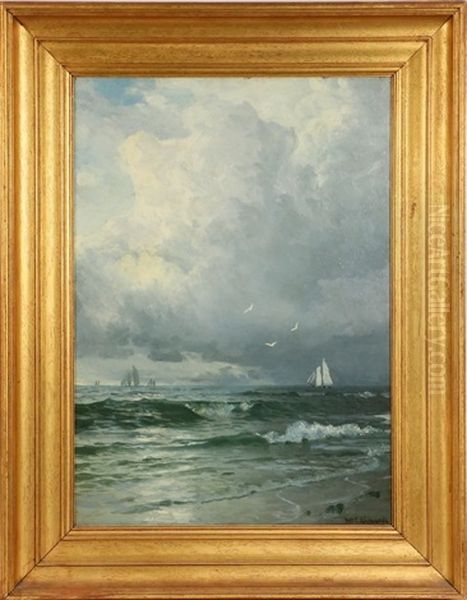 Stormy Sky With Coastal Schooners Passing Beach - view 1
