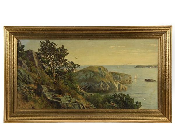Rocky Coast And Seascape With Sailboats And Steamer - view 1