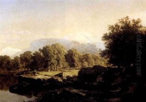 Paysage De Bord De Riviere Avec Une Montagne Enneigee by William Trost Richards