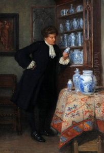 A Collector Before His Cabinet Of Chinese And Delft Blue And White Porcelain