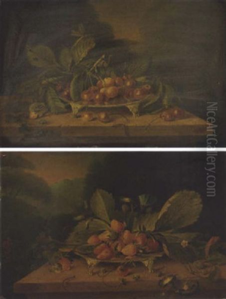 Strawberries On A Silver Salver With Wild Flowers, On A Marble Ledge, In A Landscape - view 1