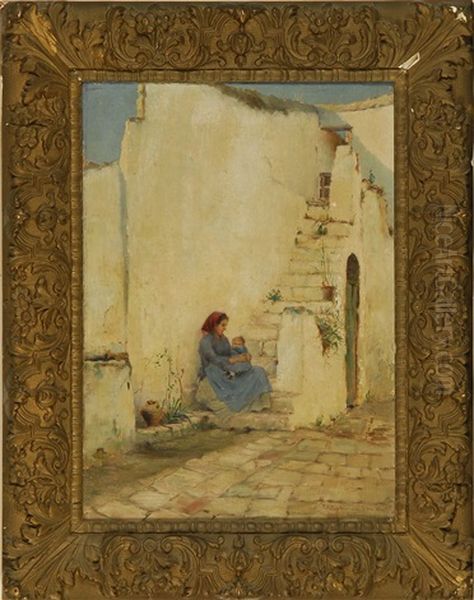 Mother And Child Seated By A Spanish Villa - view 1