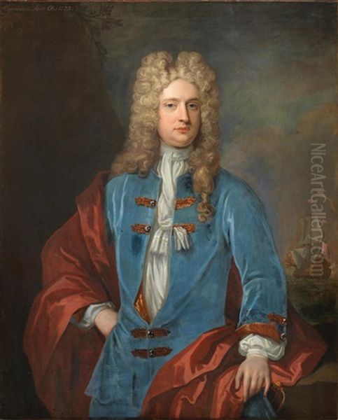 Portrait Of Commodore Thomas Scott, Three-quarter- Length, In A Blue Coat, A Ship At Anchor In The Distance - view 1