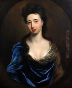 A Portrait Of A Lady Wearing Blue Shawl And Yellow Patterned Dress, Her Hair Over Her Shoulders, Waist Length
