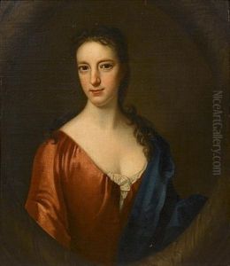 Portrait Of A Lady, Bust-length, In A Red Dress And A Blue Shawl Within A Painted Stone Oval