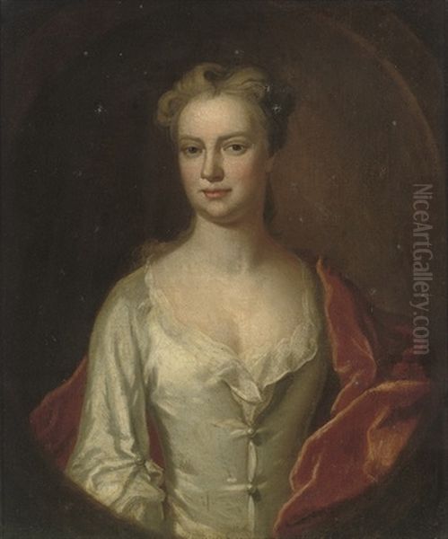 Portrait Of A Lady, In An Oyster Satin Dress With A Red Velvet Wrap - view 1
