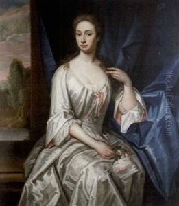 Portrait Of A Lady In A White Dress Trimmed With Pink, Holding A Pink Rose, Beneath A Blue Curtain, A Landscape Beyond by Jonathan Richardson