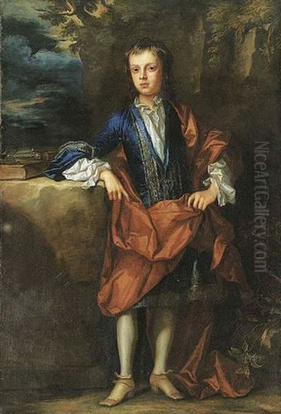 Portrait Of A Boy (the Marquess Of Blandford?) In A Blue Coat With Silver Embroidery And A White Shirt, With An Orange Wrap, Leaning On A Stone Ledge - view 1