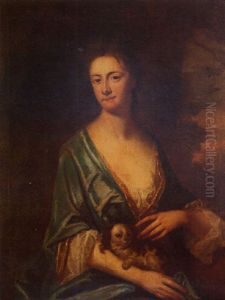 Portrait Of A Lady Wearing A White Chemise And A Blue Silk Dress Trimmed With Gold, Holding A Spaniel, In A Landscape