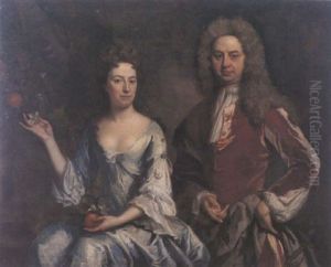 Portrait Of A Lady Wearing A Blue Dress Holding An Apple In Her Hand And A Gentleman In A Red Coat, A Sword At His Side
