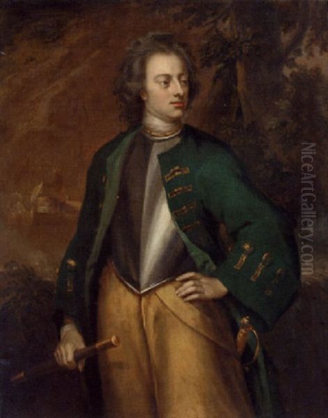 Portrait Of A Gentleman, Standing, In A Green Coat And Breastplate, A Battle Raging Beyond - view 1
