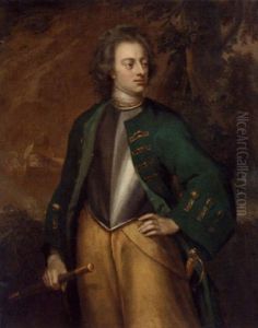 Portrait Of A Gentleman, Standing, In A Green Coat And Breastplate, A Battle Raging Beyond
