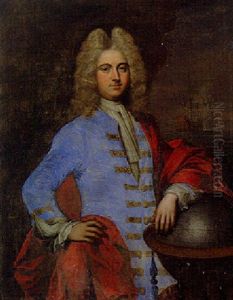 Portrait Of A Gentleman Resting His Arm On A Globe, A Man-o-war Beyond