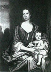 Portrait Of A Mother And Daughter, Three-quarter Length And Full Length In Red Dress With A Blue Wrap... by Jonathan Richardson