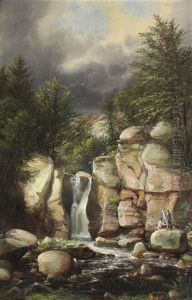 Artist With Easel By A Waterfall In The Catskills by Ferdinand Richardt