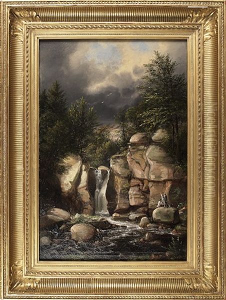 Landscape With A Waterfall And The Artist Setting Up His Easel On The Rocks Below - view 1