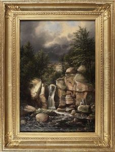 Landscape With A Waterfall And The Artist Setting Up His Easel On The Rocks Below by Ferdinand Richardt